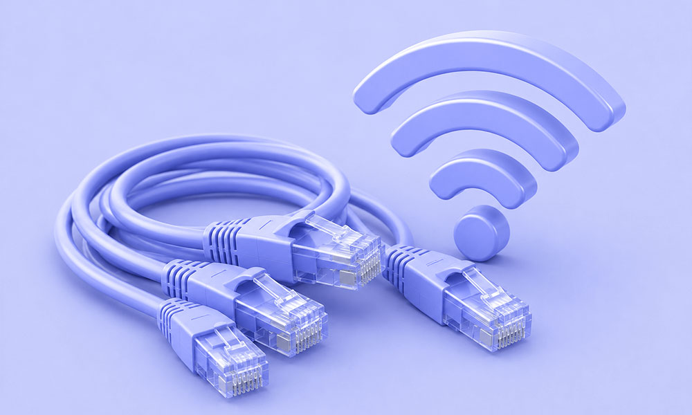 Bild mehrerer Ethernet-Kabel und eines WLAN-Symbols